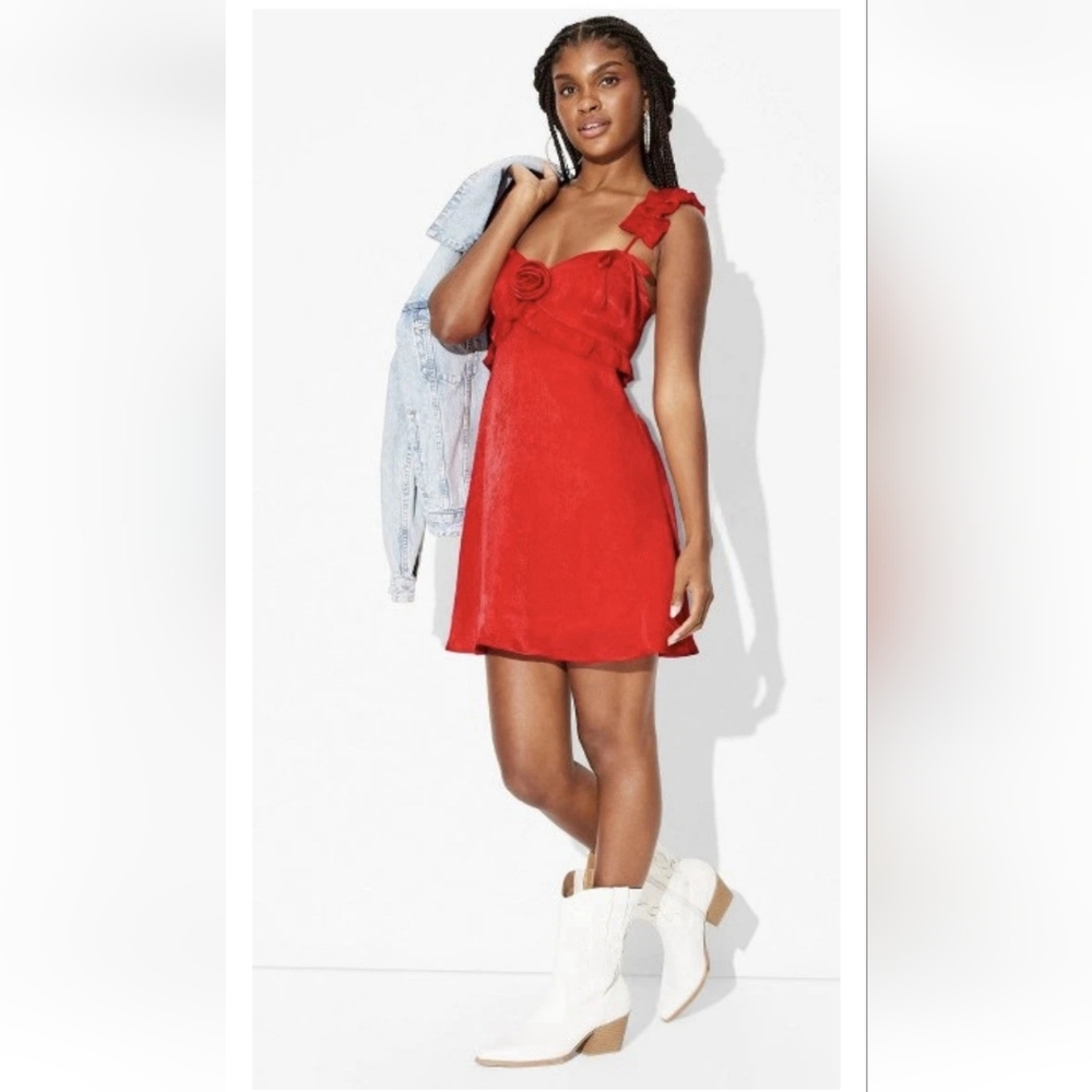Wild Fable™ Women's Rosette Mini Babydoll Dress ~ Red - Picture 4 of 16